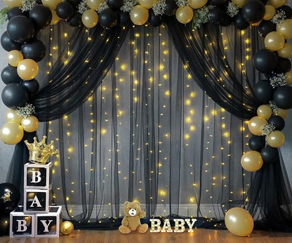 Black Tulle Backdrop Curtain with Lights String for Parites 20ft×10ft Black Sheer Backdrop Curtains for Baby Shower Wedding Bridal Shower Birthday Party Photo Shoot Decorations(4 Panels 5×10ft)