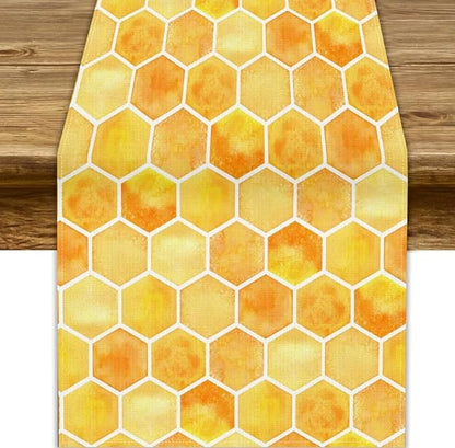 Honeycomb Bee Table Runner, Cute Abstract Geometric Yellow Honeycombs Print Table Cover for Kitchen Dining Table Indoor Outdoor Party Decor, 13x60inch
