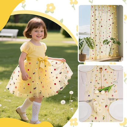 BINBE 6pcs Daisy Fall Table Runner Embroidery Gauze 10FT Florals Seasonal Tulle Holiday Birthday Kitchen Dining Table Decor for Home Party Yellow