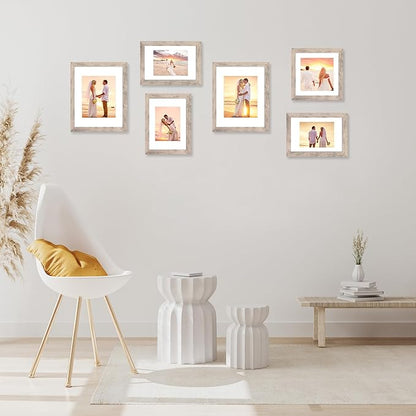 9x12 Picture Frame Set of 4 with Tempered Glass, Smoke Gray Frame Display 6x8 Pictures with Mat or 9 x 12 Without Mat, Rustic Wodd Photo Frames for Wall Mount and Tabletop Display