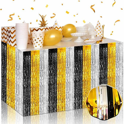 3 Pack 29 x108 Inch Black Gold Silver Foil Fringe Table Skirts Metallic Banner for Tinsel Streamer Garland Backdrop for Parade Floats Wedding Thanksgiving Birthday Christmas New Year Party Decoration