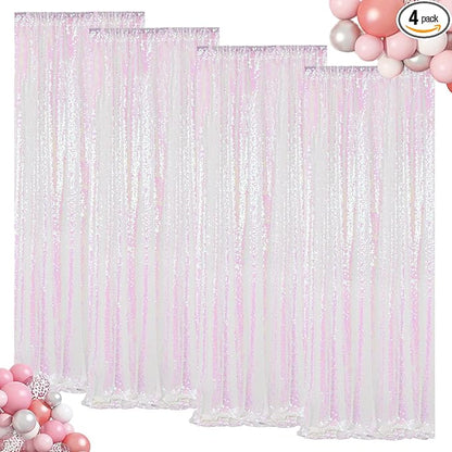 ShinyBeauty Sequin Backdrop 4 Panels White Sequin Curtains Photo Backdrop Shimmer Backgrounds for Christmas, Wedding, Studio Photography, Iridescent Party Curtains (2FTx8FT,Iridescent White)