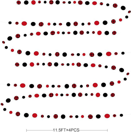 46Ft Buffalo Plaid Polka Dot Garlands Black Red Checkered Paper Circle Dot Streamer Banner for Baby Shower Bridal Shower Birthday Bachelorette Christmas Holiday Halloween Party Decorations Supplies
