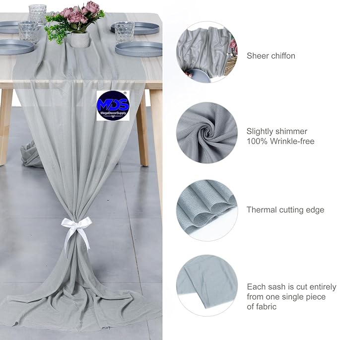 MDS Halloween Chiffon Table Runner - 12 Pack, 29 x 170 Inches, 14ft Each - Sheer Spooky Table Runners for Haunted House Parties, Trick-or-Treat Tables, Witchy Décor, Wedding & Events - Gray