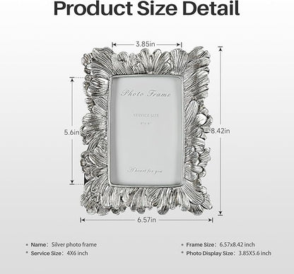 4x6 Silver Picture Frame, Vintage Silver Palm Leaves Textured Hand-Crafted Resin Frames with Glass Front, Elegant Retro Rustic Design Photo Frame for Wall and Tabletop Display Home Decor