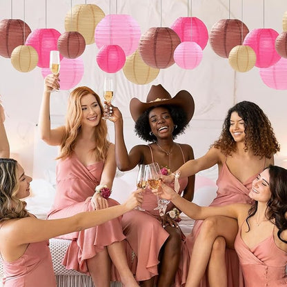 Pink Brown Paper Lanterns Decorative 12pcs Party Hanging Decorations for Western Cowgirl Party Birthday Retro Rodeo Party Supplies for Girls Baby Shower Western Room Decor