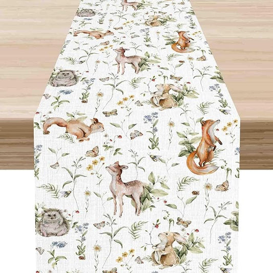 Rustic Woodland Table Runner, Farmhouse Forest Animals Mushroom Country Lodge Wild Fox Rabbits Table Center Decor for Home Kitchen Dining Patio Holiday Party Indoor Table Decorations, 13"x108" Inch