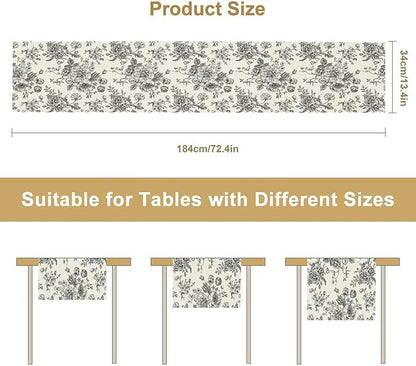 Vintage Flower Table Runner, Black White Wildfloral Floral Sketch Print Kitchen Dinning Table Runner for Indoor Outdoor Home Wedding Party Holiday, 13x108 Inch