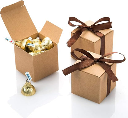 AWELL Kraft Gift Candy Box Bulk 2x2x2 inches with Brown Ribbon Party Favor Box,Pack of 50