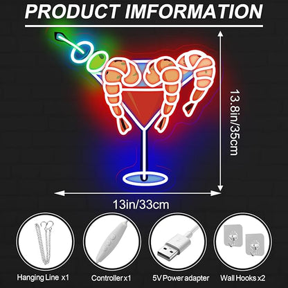 Shrimp Martini Wine Neon Sign, Martini LED Light, Home Party Wall Art, Cocktail Pub Bar Decoration, Gift for Cocktail Lover, 13"x13.8"
