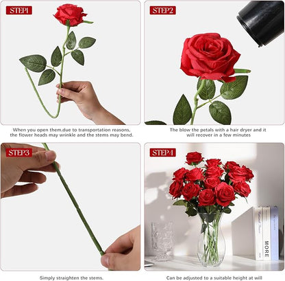 Tifuly 12 Pcs Red Roses Artificial Flowers,Realistic Long Stem Fake Silk Roses Bouquet for Party Home Wedding Centerpiece Office Decor