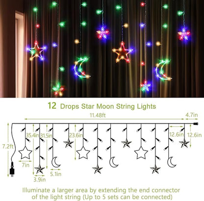 PUHONG Christmas String Lights, 138 LEDs Curtain Lights with 8 Light Modes, 11.48FT Star Moon Indoor Outdoor Fairy String for Window, Bedroom, Wall, Home, Ramadan, Christmas Decoration - Multicolored