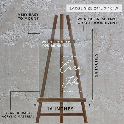 Andaz Press Custom Large Wedding Acrylic Sign, 16 X 24 Inches, So Glad You'Re Here, Personalized Sign, Welcome Sign For Modern Wedding Theme Wedding Welcome Sign