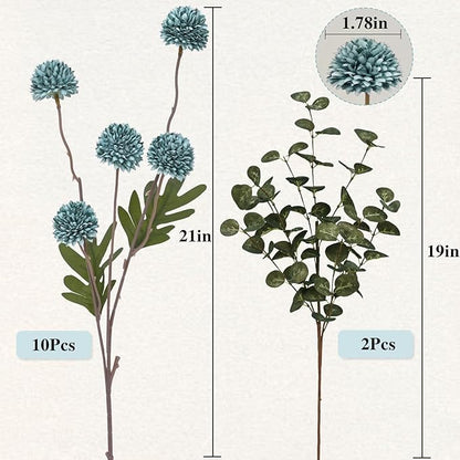Waipfaru 10pcs Fake Silk Pompon Mum Artificial Flowers, Bulk Faux Mini Chrysanthemums with 2pcs Eucalyptus Stems, for Centerpieces Wedding Fillers Champagne Arrangements Shower Decorations, Blue