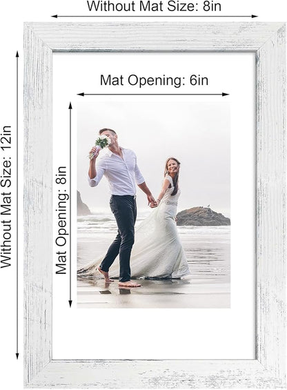 8x12 Picture Frame Set of 4 with High Definition Glass, Distressed White Frame Display 6x8 Picture with Mat or 8 x 12 Without Mat, Wood Rustic Photo Frames for Tabletop and Wall Mounting
