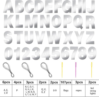 TaoBary 112 Pcs DIY Letter Kit Glitter Customizable Banner Letters Include 107 Letters and Numbers 3 Rope and 2 Needles for Birthday Halloween Christmas Wedding Valentine Party Decor(Glossy Silver)