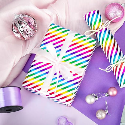 Burymento Rainbow Stripes Wrapping Paper, Gift Wrap for Birthday, Valentines, Mothers day, Graduation, Wedding, Fathers day, Baby Shower, Christmas (17in x 32.8ft)