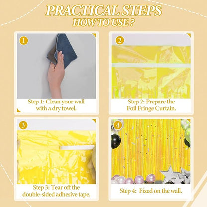 3 Pack Foil Fringe Backdrop - Pastel Yellow Shiny Tinsel Curtains for Party Decoration/Photo Booth Props - 3.3x8.2 FT Metallic Foil Backdrop for Birthday, Wedding, Graduation, Christmas.