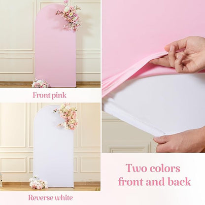 7.2FT 6FT Arch Backdrop Cover for Wedding, Set of 2 Stretchy Spandex Fitted Arch Stand Cover for Baby Shower, Birthday Party Decor, Chiara Backdrop Cover with Double-Sided Design(White, Pink)