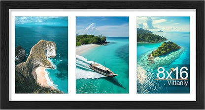 Vittanly 8x16 Collage Picture Frame, Displays 3Pcs 5x7 Pictures with Mat, Picture Frames Collage Wall Decor for Horizontal or Vertical Display, Black, 1 Pack