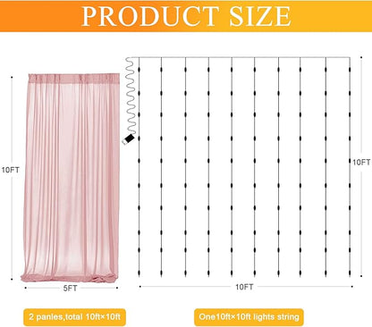 Fomcet Dusty Rose Tulle Backdrop Curtains with Lights String 10FT X 10FT Sheer Curtains with Lights Tulle Curtain Backdrop for Wedding Birthday Party Photo Shoot (2 Panels 5x10FT)