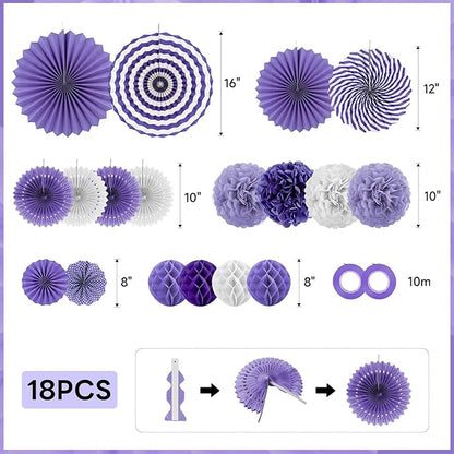 Purple Party Decorations,23Pcs Lavender Birthday Decorations with Hanging Paper Fans,Pom Poms Flowers Packs for Girls Women Birthday Party, Bridal Shower,Baby Showers,Wedding