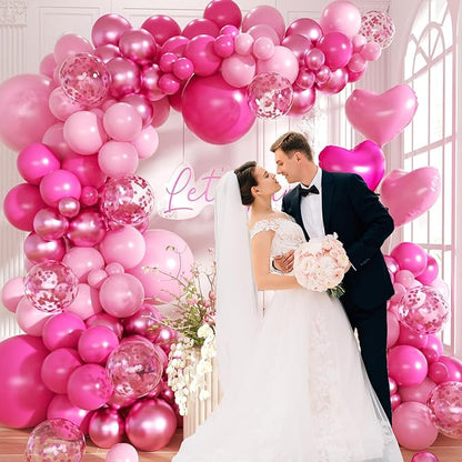 Hot Pink Balloon Garland Arch Kit,150Pcs Baby Pink and Metallic Magenta Balloon Pink Confetti Balloons with Heart Foil Balloons for Girls' Birthday Princess Wedding Baby Shower Party Decorations