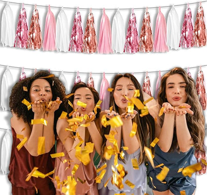 3P Metallic Fringe Tassel Banner Garland Foil Tinsel Streamer Wall Hanging Curtain Backdrop for Parade Floats, Graduation, Wedding, Birthday, Retirement Party Decorations(Rose-Gold Pink White)