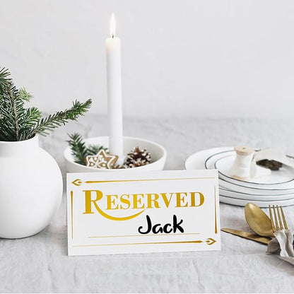 300 Pcs Paper Table Reserved Sign with Name Line Reserved Seating Signs Bulk Double Sided Signs for Reserving Seats Restaurant Wedding Reception Church Board Business Meeting (White Gold)