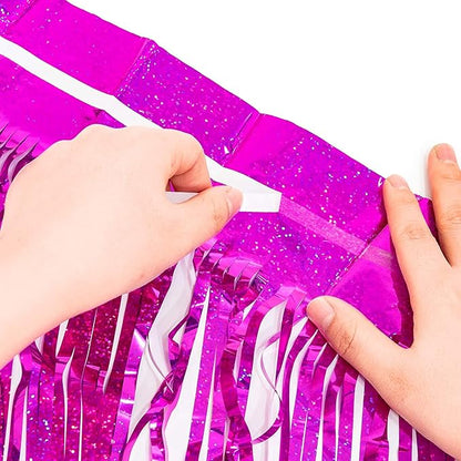 BRAVESHINE Hot Pink Tinsel Foil Fringe Curtains - 2Pcs 3.2x8.2ft Metallic Party Streamers Backdrop for Girl Birthdays Valentines Bridal Shower Bachelorette Hawaiian Luau Theme Party Decorations