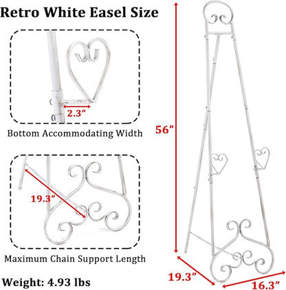 Extra Large Free Standing Adjustable Display Stand Easel with Chain Support, Retro White Decorative Metal Foldable Floor Standing Easel for Display Mirror Wedding Welcome Signs, 16.3" x 19.3" x 56"