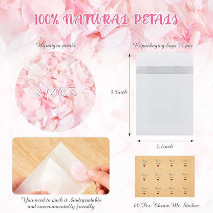 Biodegradable Confetti, Dried Hydrangea Flower Petals with Throw Me Stickers Wedding Confetti Biodegradable Flower Petals for Wedding Ideas Valentines Day Decor(Pink White,55 Pcs)