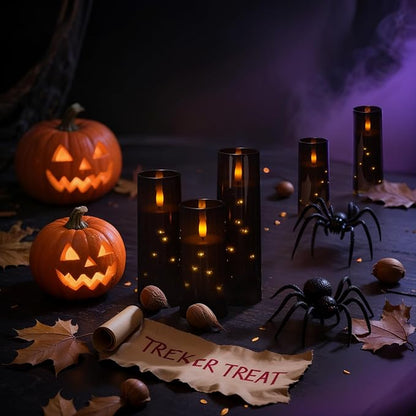 Raycare Flameless Candle with Remote Timer – 9 Flickering Acrylic Battery Operated LED Pillar Candles with Embedded Star String for Halloween, Home Decor, and as a Gift (Black)