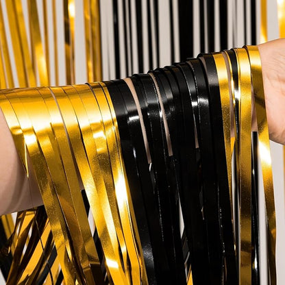 BRAVESHINE 3.2 x 8.2 ft Black Gold Foil Fringe Curtains - 2 Pack Metallic Photo Booth Streamers Backdrop for Boy Men Birthdays/New Years/Graduates/Homecoming/Farewell/Prom/Ramarak Party Decorations
