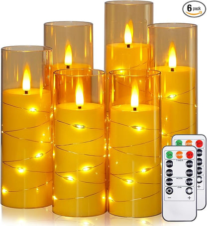 Gold Flameless Candles with Remote and String Light, 2.2"x 5",5",6",7",7",8" LED Battery Operated Plastic Flickering Timer Pillar Candles(Pack of 6,Turn On/Off String Light Mode)