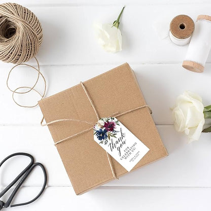 Andaz Press 100-Pack Personalized Thank You for Celebrating with Us Wedding Favor Tags with Bakers Twine Navy Blue Burgundy Florals Custom Cardstock Wedding Gift Tags for Party Favors 2 x 3.75-Inches
