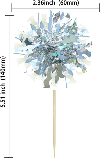 Ephlyn 30Pcs Foil Firework Cupcake Toppers Happy Birthday Cake Toppers Tinsel Flower Drink Stirrers Cocktail Food Fruit Toothpicks for Valentine's Day Party Decorations Silver