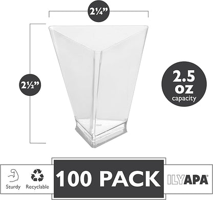 Ilyapa 3oz Plastic Dessert Cups - 100 Pack Mini Dessert Cups with Spoons - Clear Reusable Small Appetizer Cup for Cheesecake Shooters, Chocolate Mousse - Party and Catering Supplies - Triangle