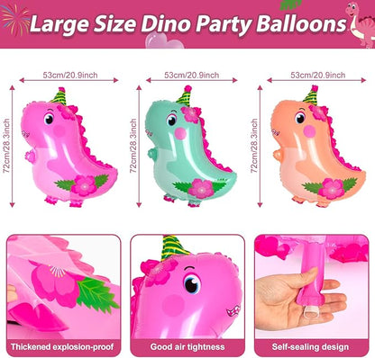 194 PCS Pink Dinosaur Party Decorations for Girls, Dinosaur Birthday Party Supplies Includes Dino Balloons, Backdrop, Happy Birthday Banner, Tablecloth, Plates, Napkins, Cake Toppers