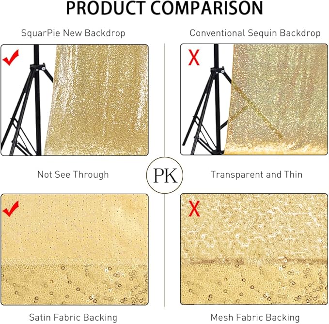 SquarePie Sequin Backdrop Less See Through Thick Background for Photography Glitter Curtain Party 6FT x 6FT Gold