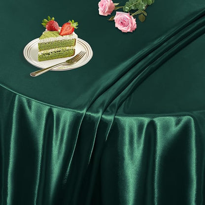 KKJIAF 1 Pack 108 Inch Round Table Cloth, Hunter Green Overlay Round Satin Table Cover, Silky Satin Dining Tablecloths for Wedding Buffet Parties Banquet Decoration
