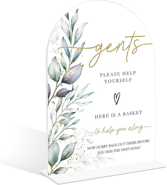 Acrylic Wedding Signs, Greenery Theme Gents Please Help Yourself Sign, Bridal Shower Table Decor with Stand, Wedding Bathroom Basket Supplies for Engagement, Anniversary, Newlywed Event and Party, 08