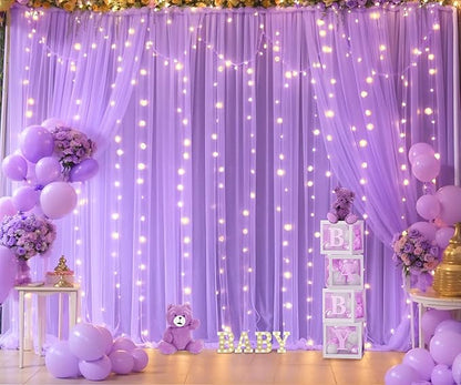 Lavender Tulle Backdrop Curtain with Led Lights for Wedding Baby Shower Girls 10ft X 8ft Lilac Lavender Sheer Backdrop Curtain for Birthday Party Bridal Shower Photoshoot Background Decorations