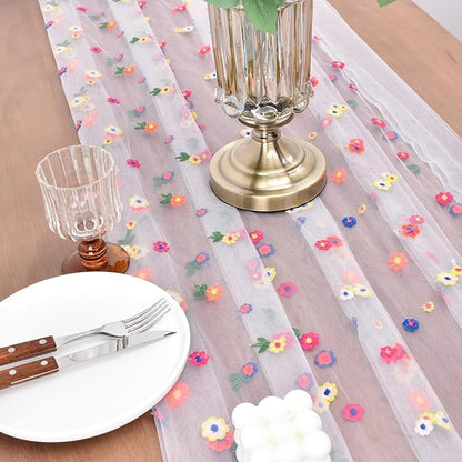 Joanlody 3pcs Ivory Embroidery Daisy Fall Thanksgiving Table Runner 10ft Florals Seasonal Tulle Table Runner Holiday Kitchen Dining Table Decoration for Home Party Indoor