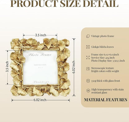 Cuspin 4x4 Picture Frame Small Gold Frames, Vintage Ornate Leaf Textured Hand-Crafted Resin with Glass Front, Antique Photo Frame for Tabletop Display, Retro Design Home Decor