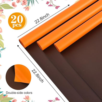BEISHIDA 20Pcs Orange and Brown Double Sided Floral Wrapping Paper Matte Waterproof Flower Bouquet Wrapping Paper for Floral Wrap Florist Packing Supplies Birthday Valentine's Christmas Gift Wrapping