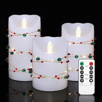 Christmas Flameless Candles with Red Green Beads String Lights - Real Wax Christmas Decor Battery Operated Candles with Remote & Timer- Home Party Bedroom Holiday Xmas Decorations - Set of 3