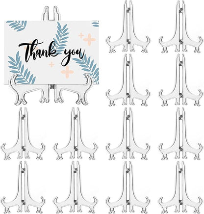 12 Pack 3 Inch Clear Plastic Easels or Stand/Plate Holders to Display Pictures or Other Items at Weddings, Plate Stands for Home Decoration, Birthdays, Tables