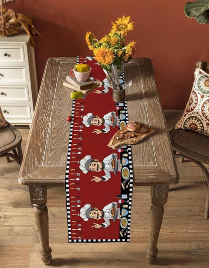Red Chef Gourmet Cotton Linen Table Runner for Dining Kitchen, Wedding Outdoor Party Tablerunners Decoration, Black White Check Plaid Funny Kitchen Dresser Scarf Coffee Tablecloth Runners 13x48 Inches