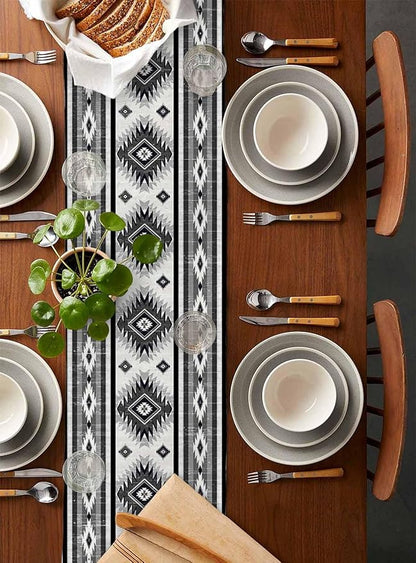 Aztec Southwest Cotton Linen Table Runner for Dining Kitchen, Wedding Outdoor Party Tablerunners Decoration, Boho Ethnic Tribes Vintage Grey Dresser Scarf Coffee Tablecloth Runners 13x72 Inches